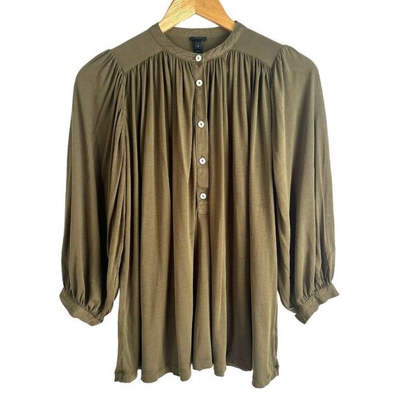 J. Crew Tops - J Crew Olive Green Loose Fit Pleated Collarless 3/4 Sleeve Blouse Size S